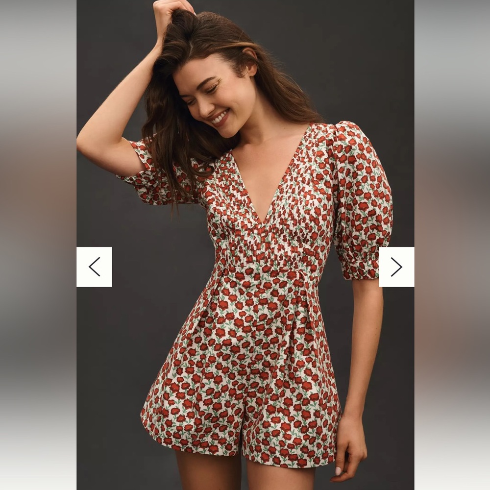 Maeve by Anthropologie Pintuck Puff Sleeve Floral Romper